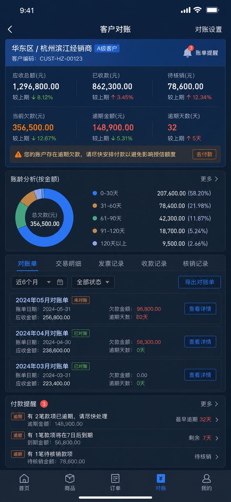 案例示意：客户对账与欠款提醒 App 页面