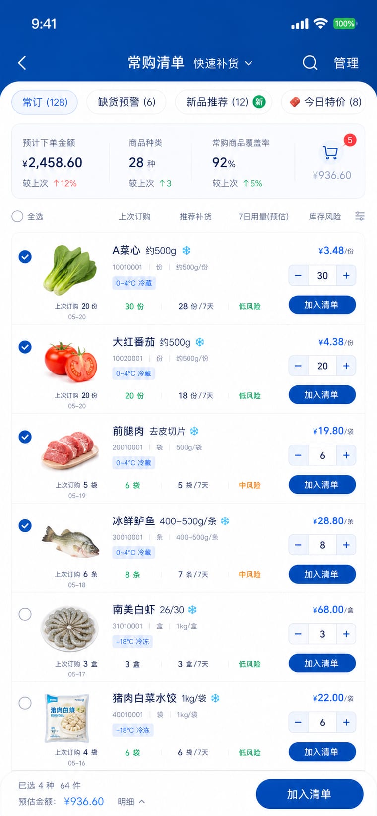 案例示意：常购清单与快速补货页面