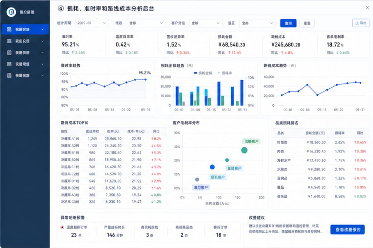 案例示意：损耗、准时率和路线成本分析后台