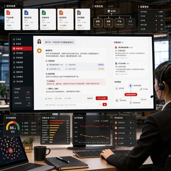 企业知识库 AI 助手系统：资料上传、权限管理、问答引用、客服辅助和运营监控后台案例