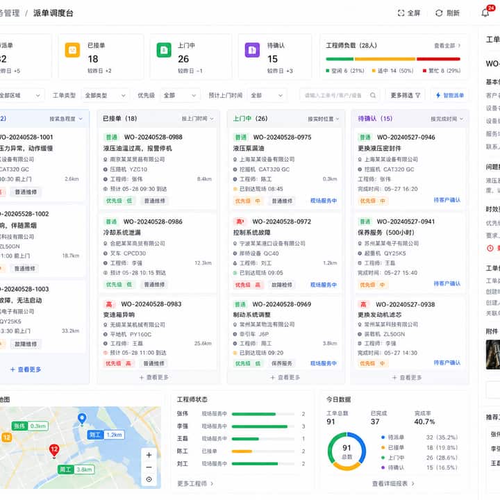 B2B 售后服务工单 App + 工程师履约后台：客户报修、智能派单、备件申请、上门签到、SLA 看板和服务复盘