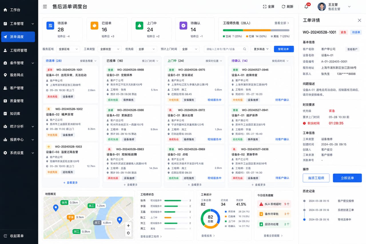 案例示意:工单指挥台、工程师负载和超时任务后台