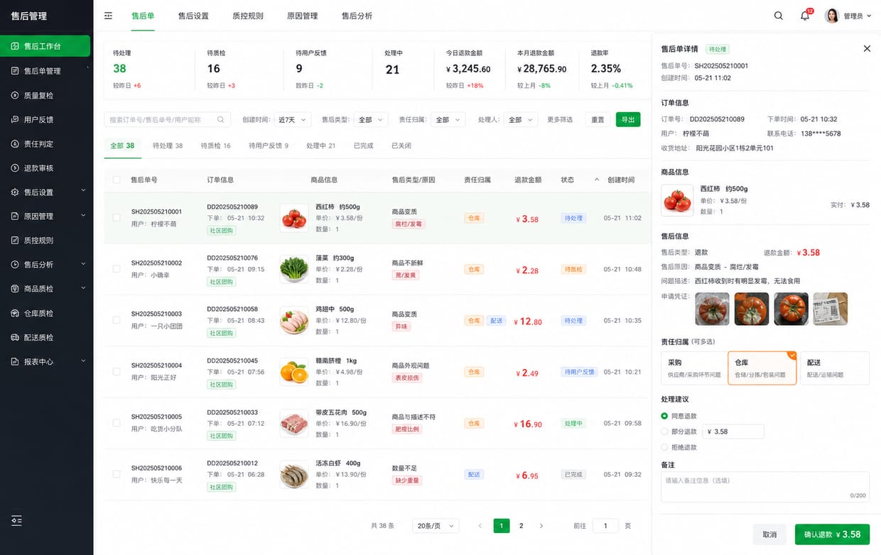 案例示意:售后退款审核、质量原因归类和责任环节后台