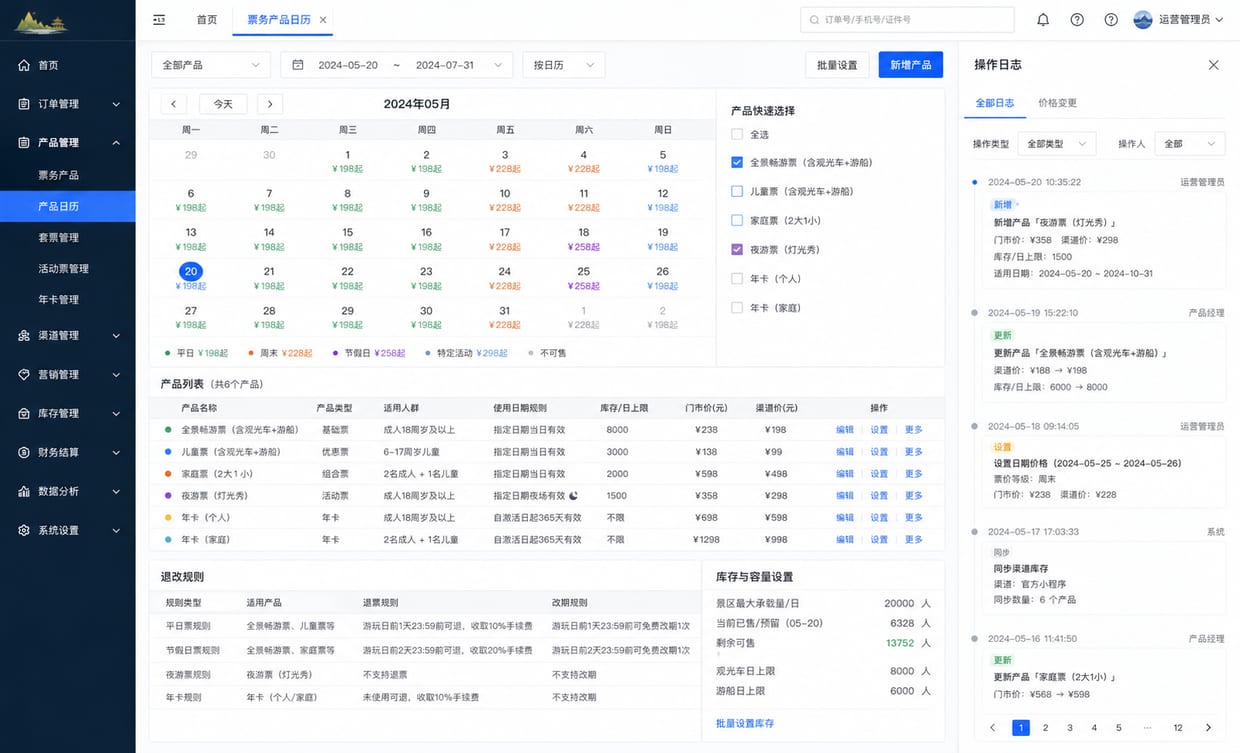 案例示意：票种管理、价格日历、适用日期和退改规则后台