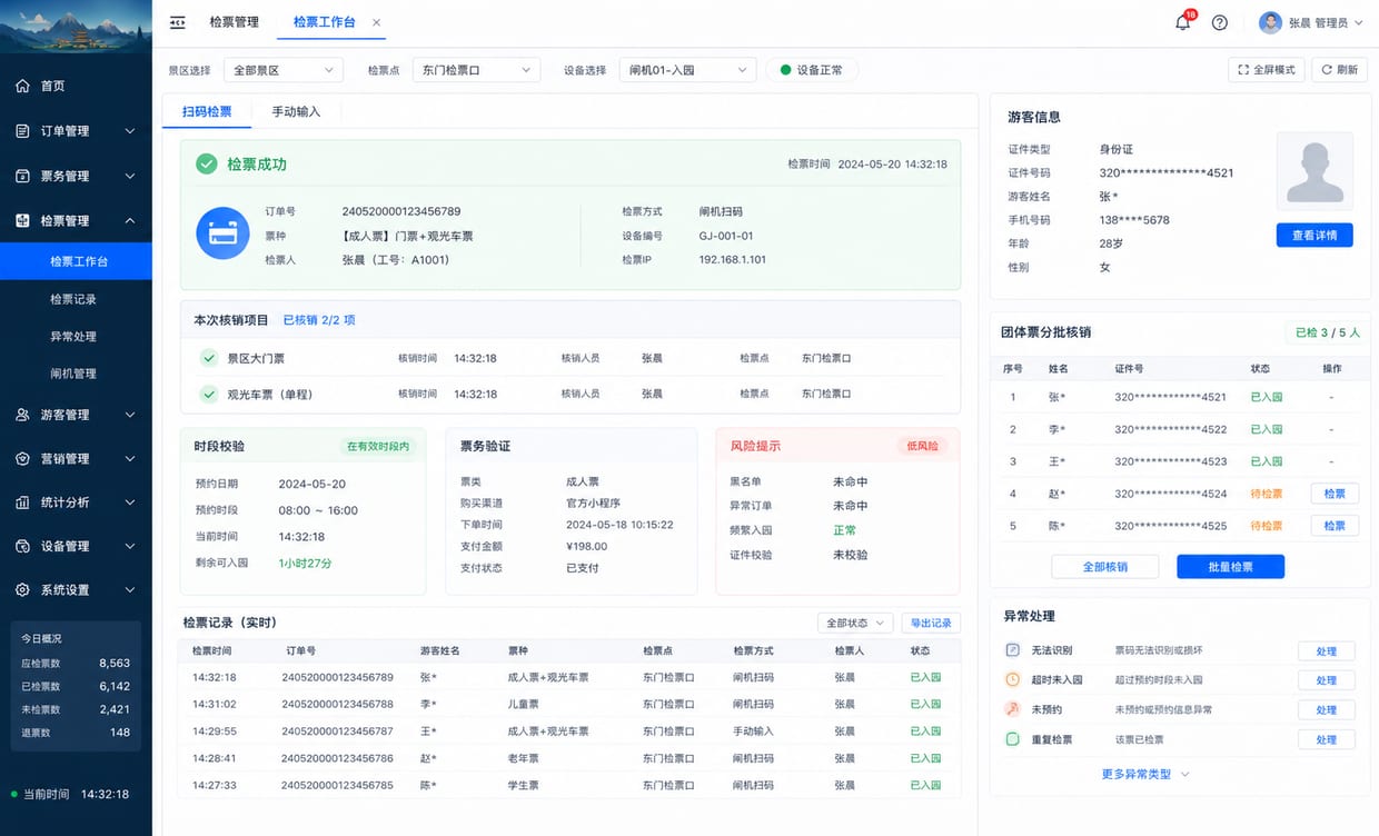 案例示意：核销工作台、扫码结果、团队票分批核销和异常提示