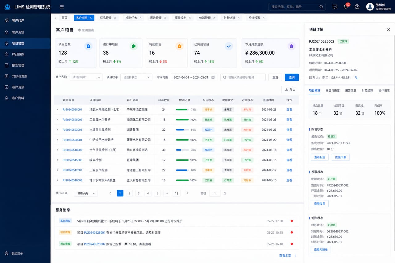 案例示意:客户项目门户、批次进度、报告列表、对账单和开票状态