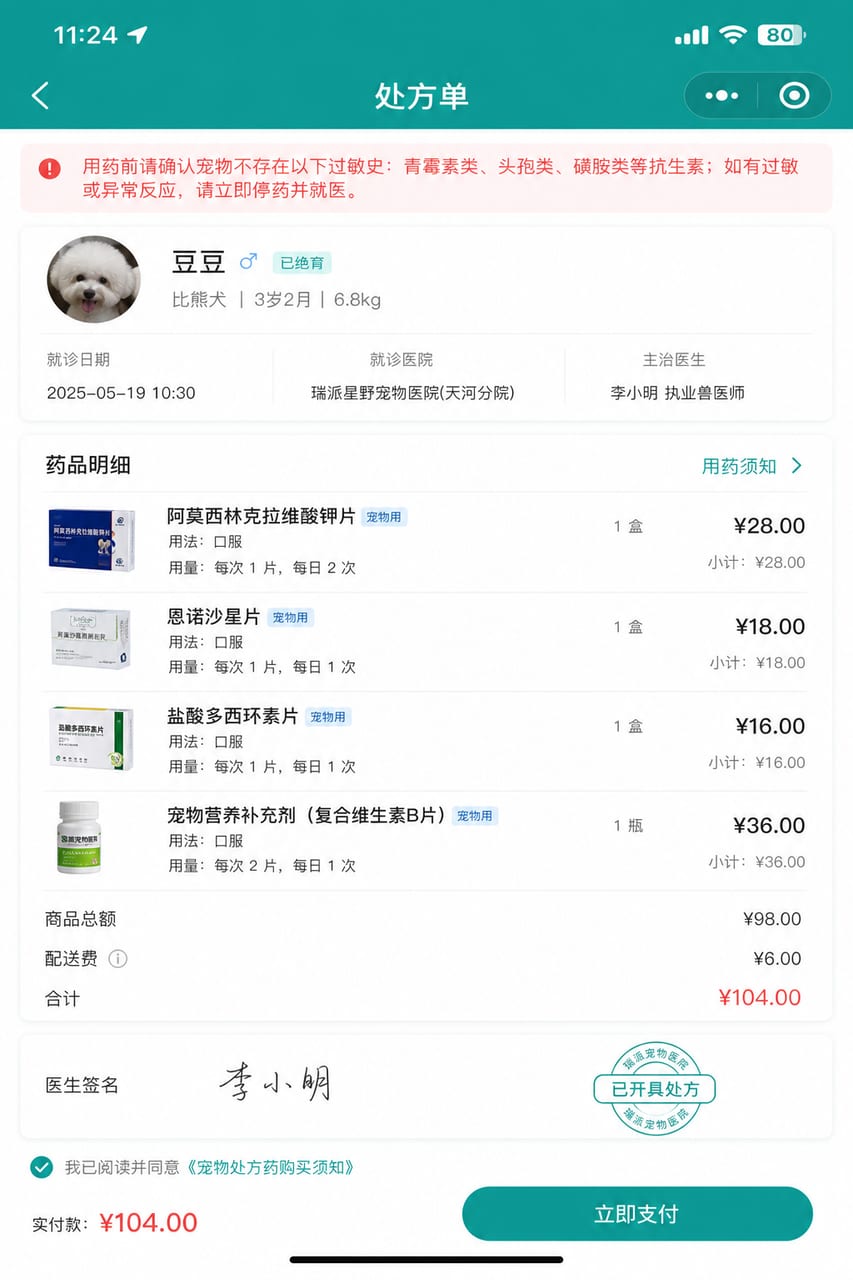 案例示意：处方开单、药品明细、用法用量和费用预览