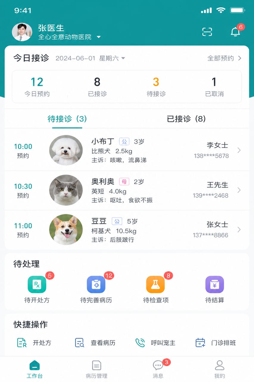 案例示意：医生移动工作台、今日预约、候诊队列和待开处方
