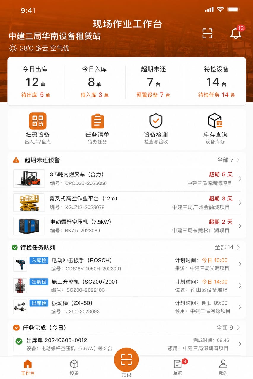 案例示意：现场作业工作台、待出库、待验机和逾期任务