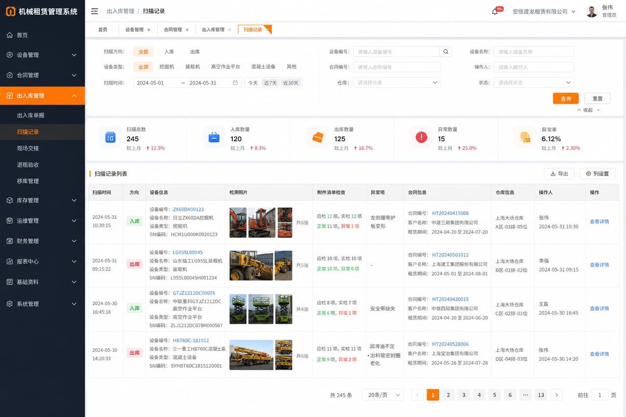 案例示意：出入库管理、扫码记录、验机照片和异常备注后台