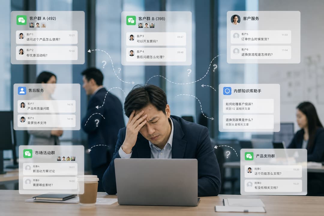 实战示意：微信/企微里多个 AI 入口各自为政，容易重复建设