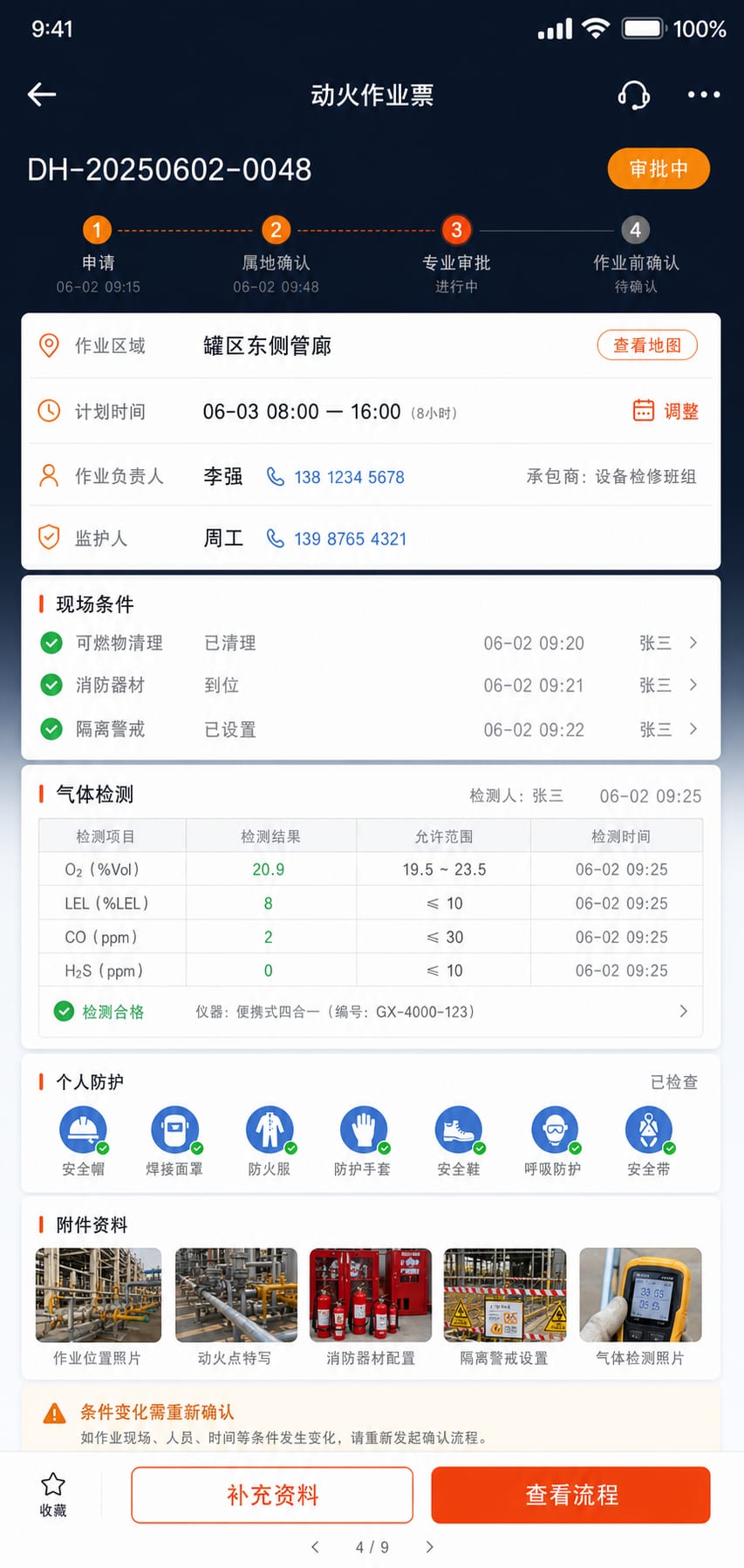 案例示意：特殊作业票申请、现场条件确认、气体检测和审批进度