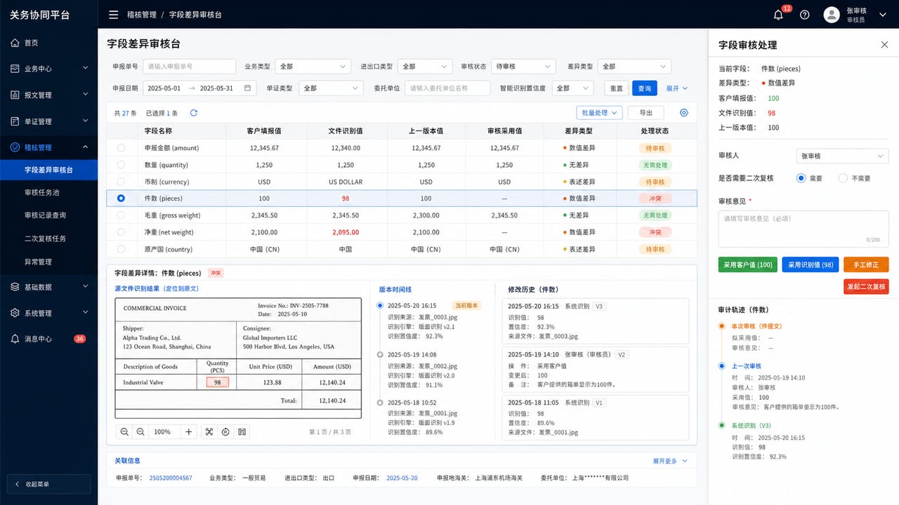 案例示意：字段差异审核台、客户值、识别值、采用值和审核意见