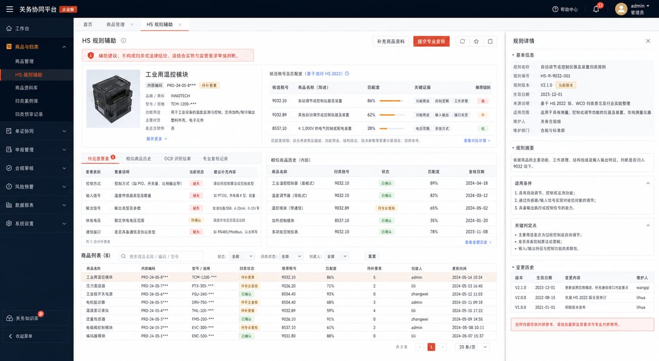 案例示意：HS 规则辅助、候选编码、申报要素、版本和复核意见