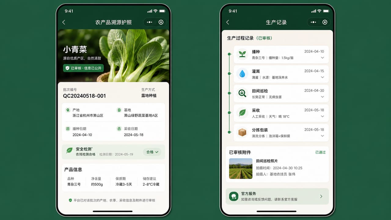 案例示意:农产品批次溯源页、生产时间线、采收信息、公开附件和品牌服务入口