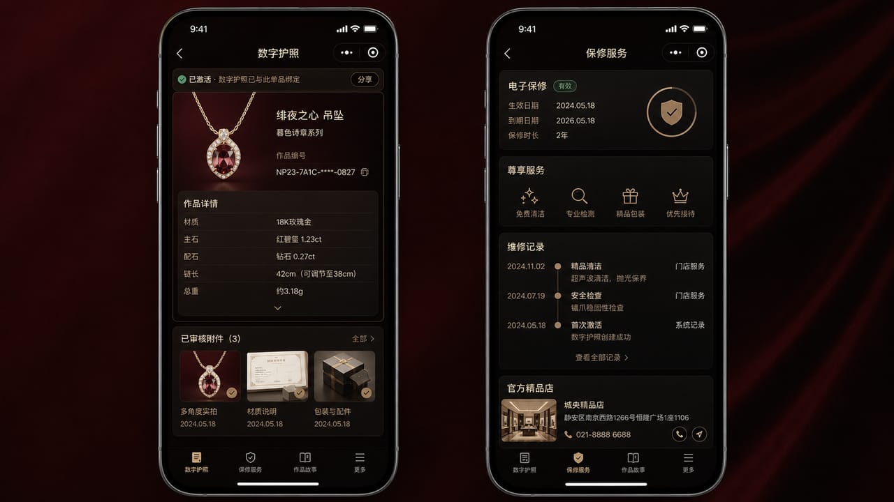 案例示意:高端珠宝数字护照小程序的商品身份、电子保卡、检测附件和官方服务入口