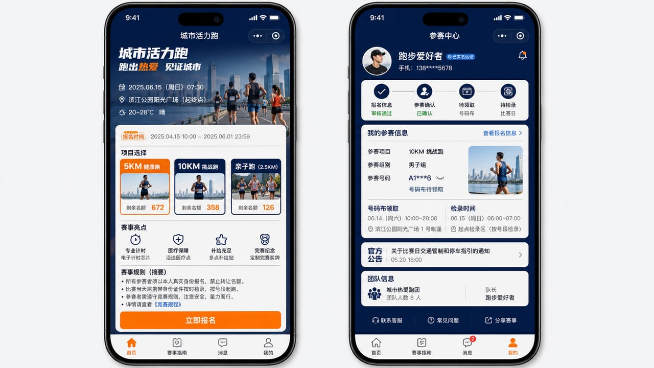 案例示意：体育赛事报名小程序的赛事主页、项目选择、报名状态和参赛者中心