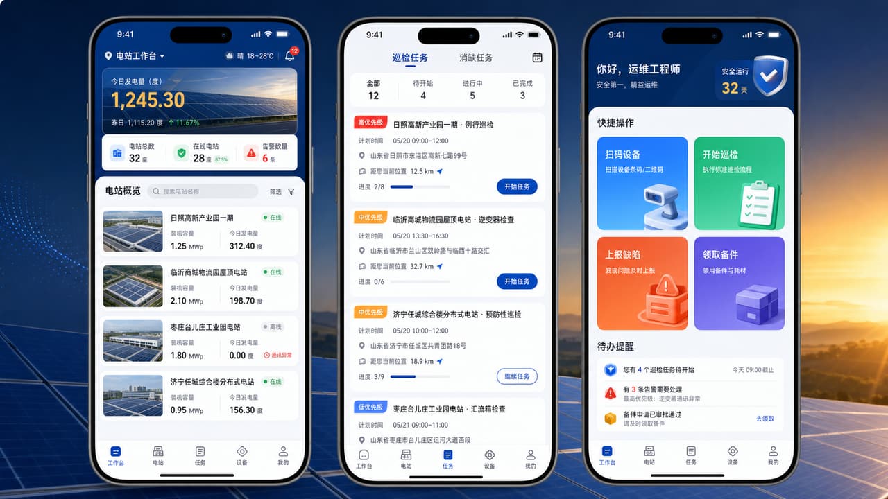 案例示意:光伏运维 App 的电站概览、今日任务、告警数量和快捷巡检入口
