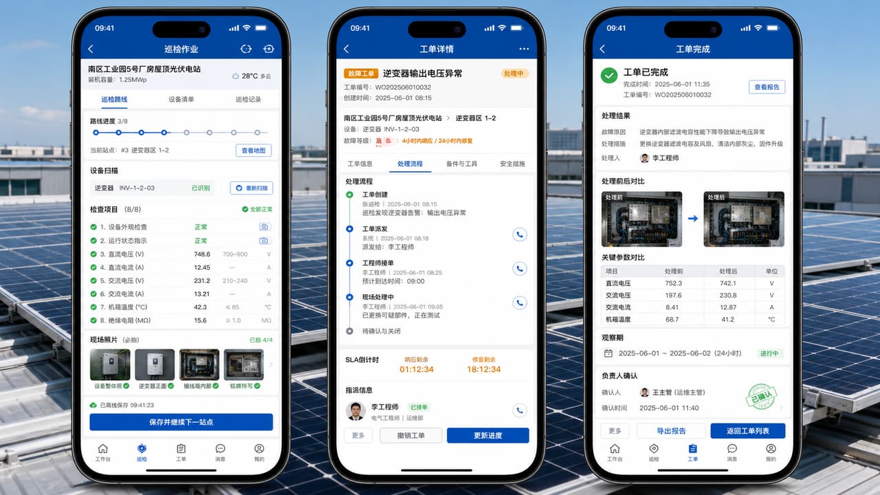 案例示意:移动端巡检表、设备扫码、故障工单、照片记录和恢复复核流程