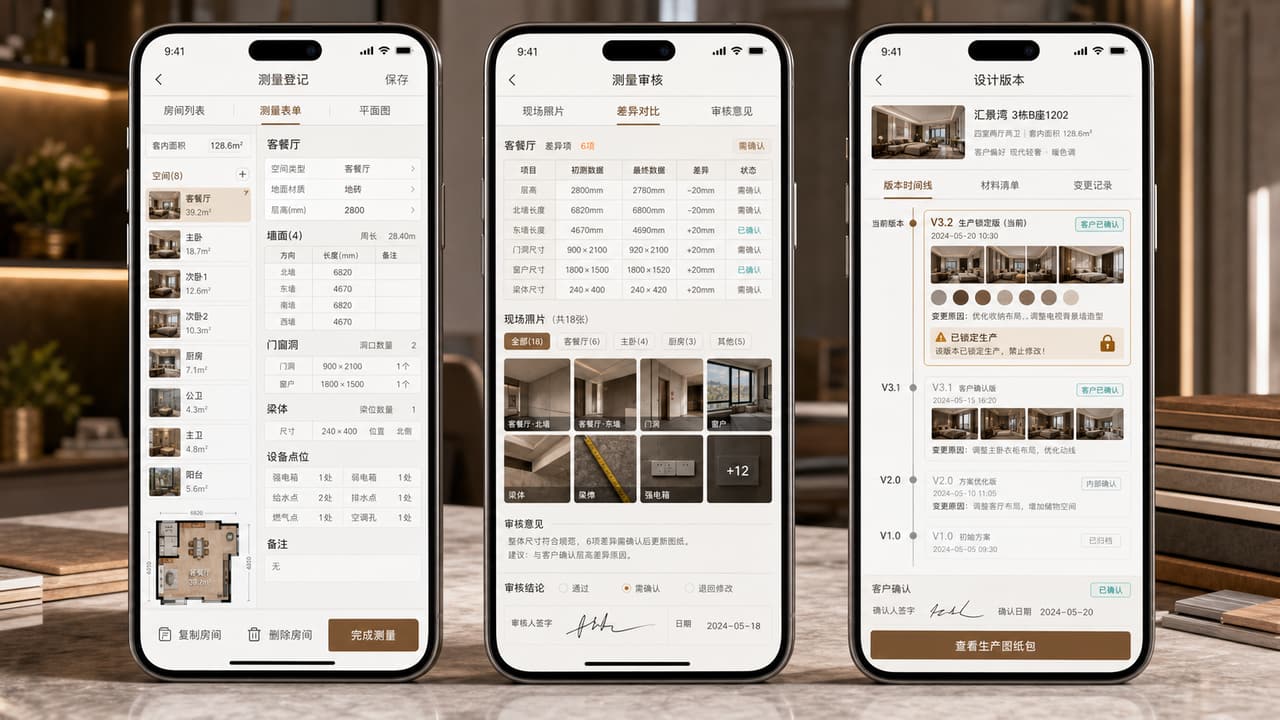 案例示意：移动量房表、空间尺寸、现场照片、复尺差异和客户确认记录