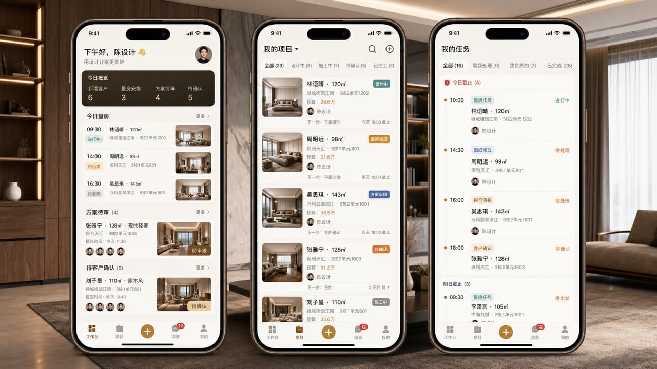 案例示意：设计师移动工作台的客户跟进、量房预约、待确认方案和今日任务