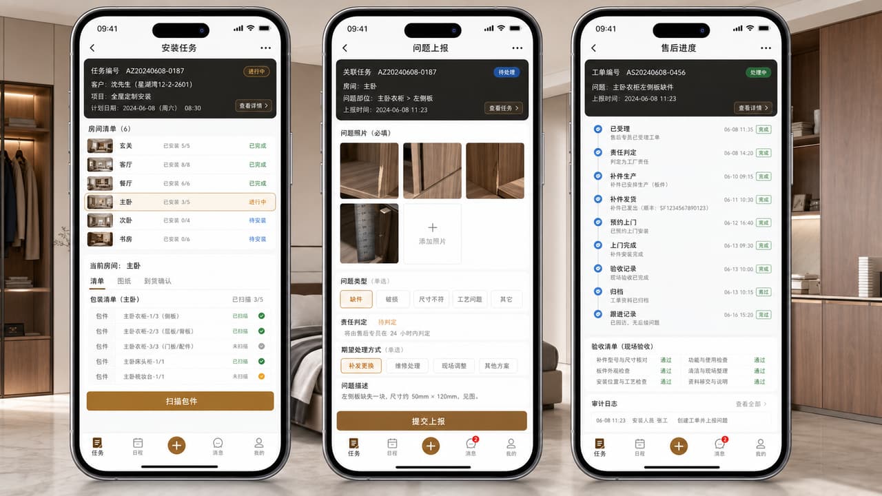 案例示意：安装移动端的包件核对、问题上报、补件进度、验收与售后记录
