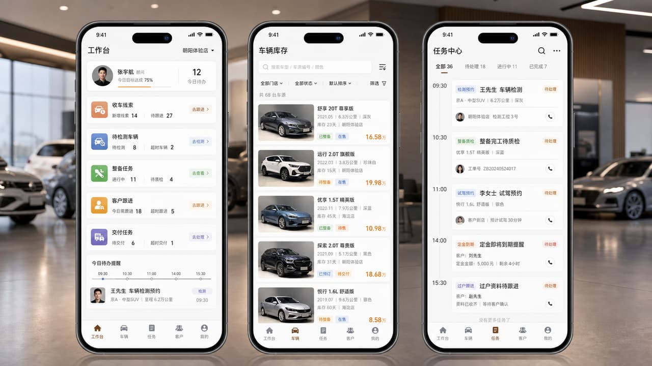 案例示意:二手车经营 App 的今日收车、待整备车辆、客户跟进和待交付任务