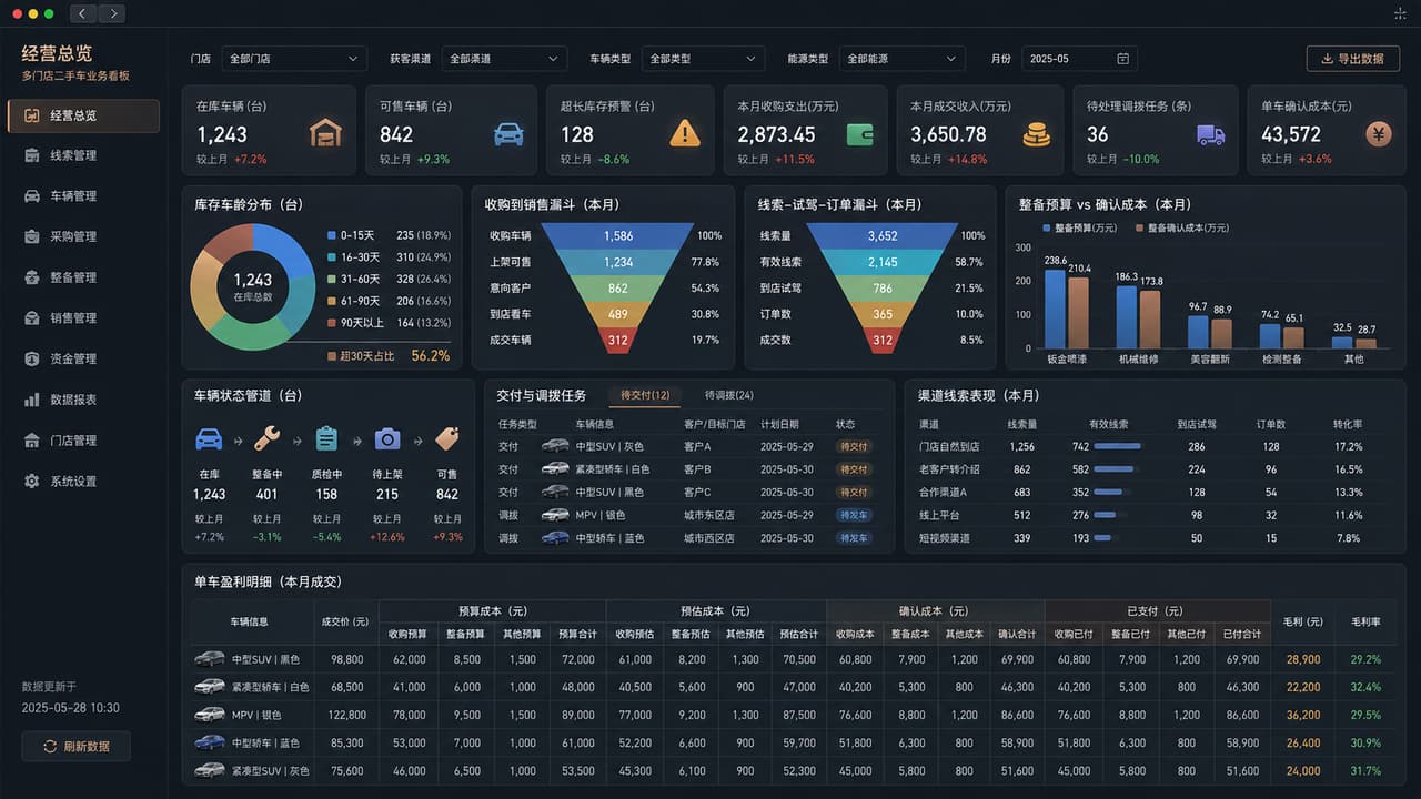 案例示意:二手车经营驾驶舱的库存结构、在库天数、线索转化、交付进度和单车利润