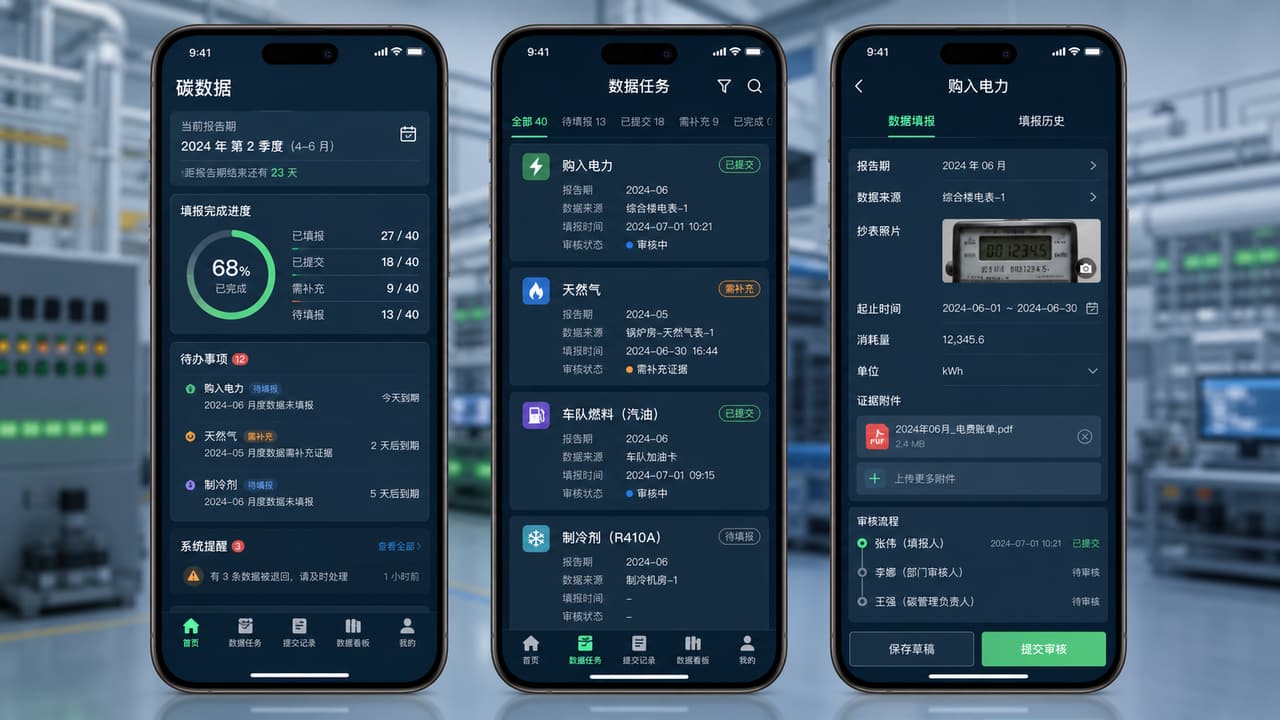 案例示意:碳数据采集 App 的报告期、填报进度、活动数据任务、证据附件和审核状态