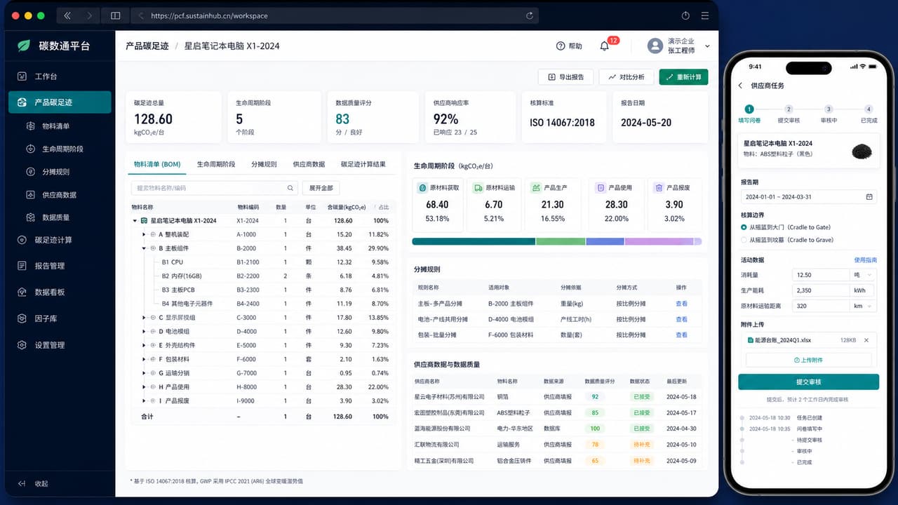案例示意:产品碳足迹后台的 BOM、生命周期阶段、分摊规则和供应商问卷协同