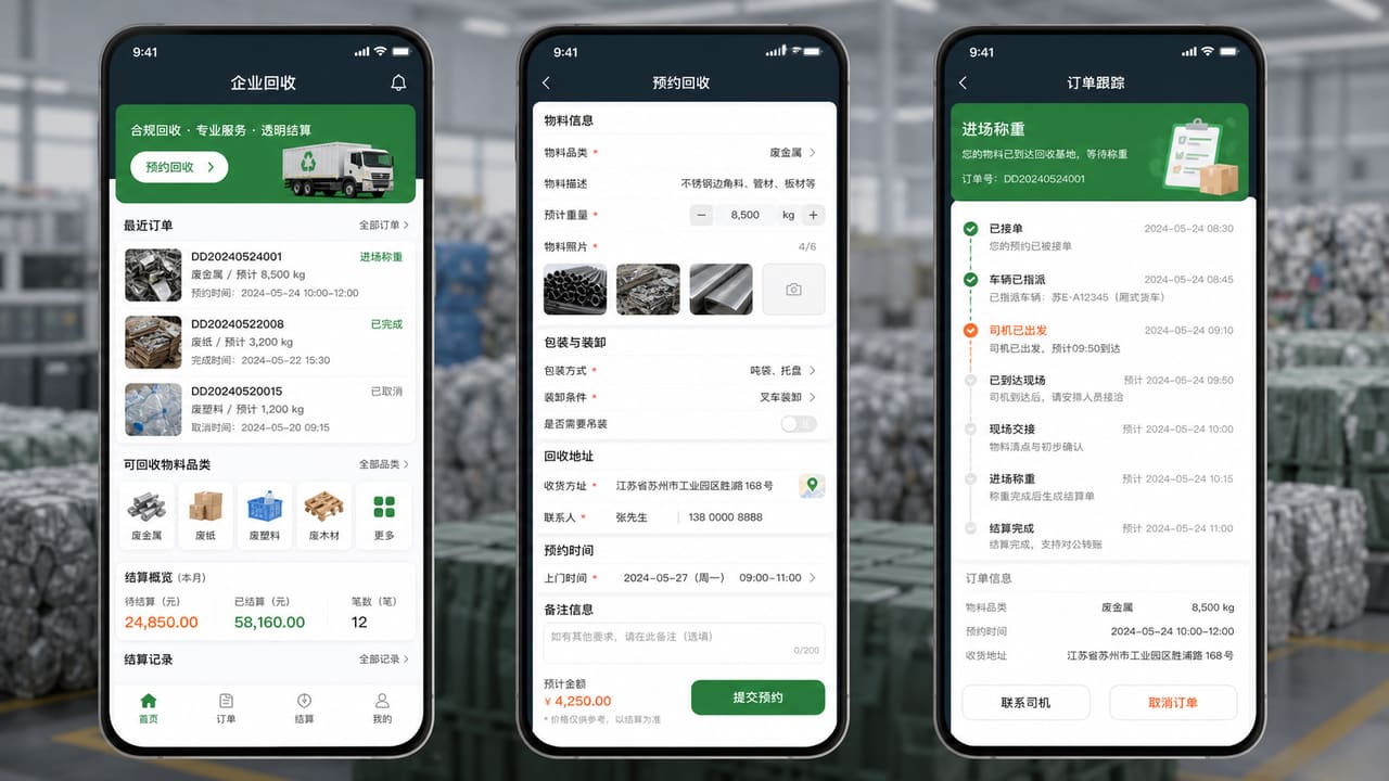 案例示意:企业回收端的预约下单、物料照片、时间窗口、订单进度和结算概览