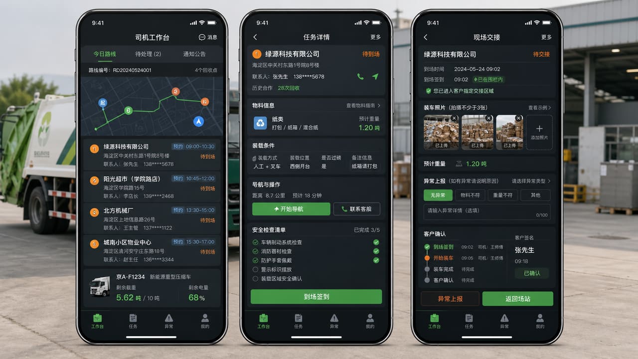 案例示意:司机 App 的今日路线、车辆余量、任务详情、到场签到、装车照片和现场交接
