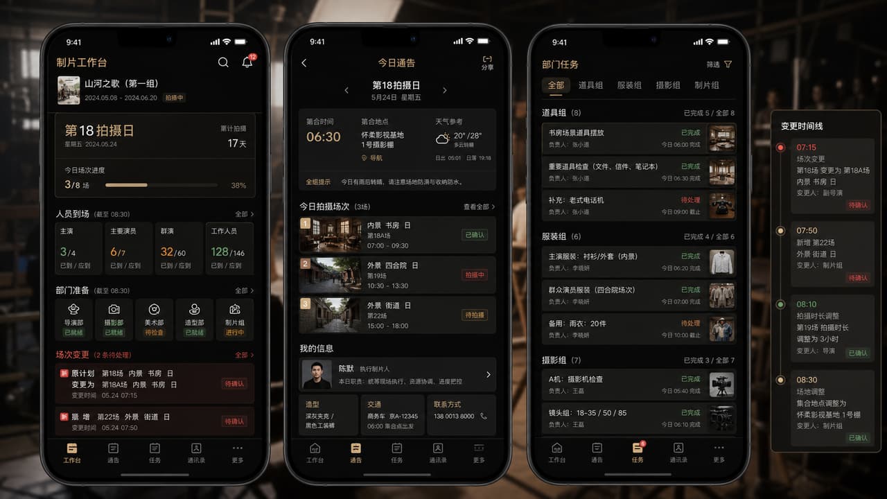 案例示意:剧组 App 的当日通告、人员到场、部门任务和场次变更时间线