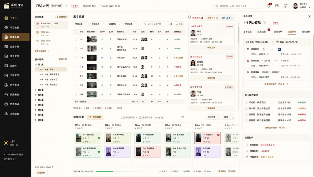案例示意:制片后台的剧本版本、场次拆解、变更影响和拍摄日历