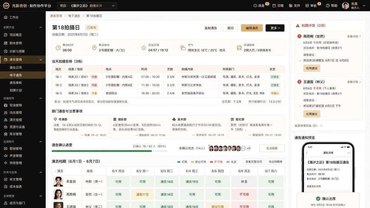 案例示意:电子通告的拍摄安排、部门事项、回执进度、演员档期和冲突调整