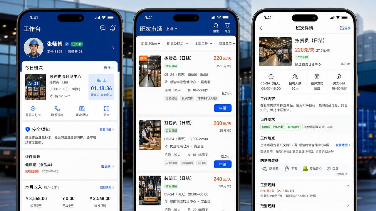 案例示意:工人 App 的今日班次、班次市场、岗位详情、证书提醒和透明报酬规则