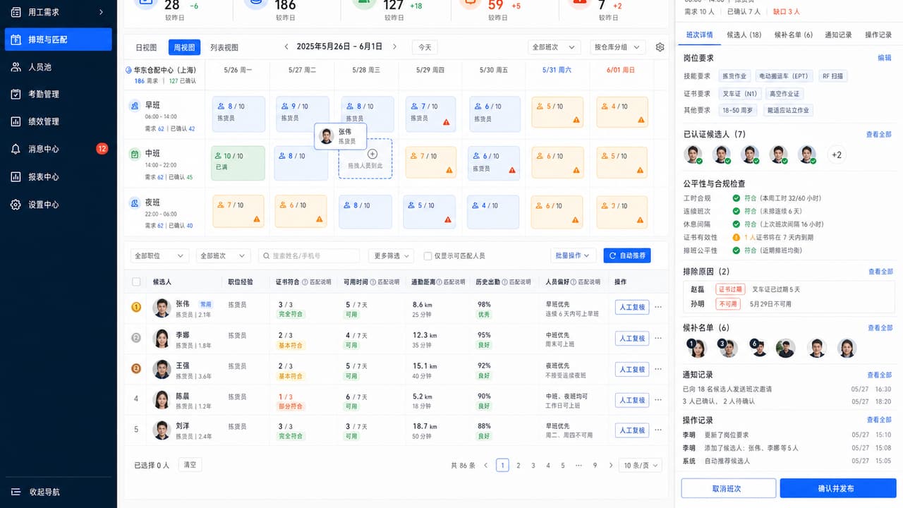 案例示意:排班匹配后台的班次缺口、候选人匹配因素、公平性检查和人工复核
