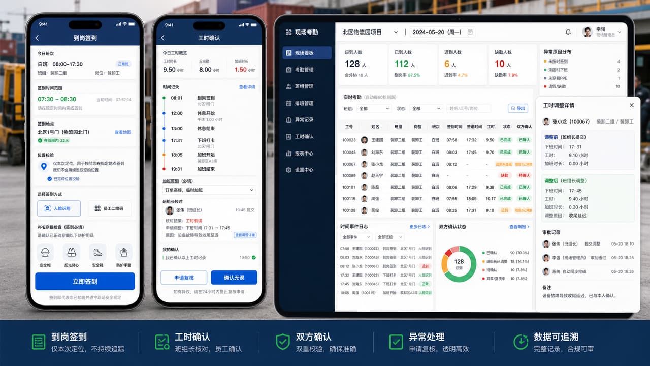 案例示意:工人到岗签到、一次性位置核验、工时明细、双方确认和现场调整记录