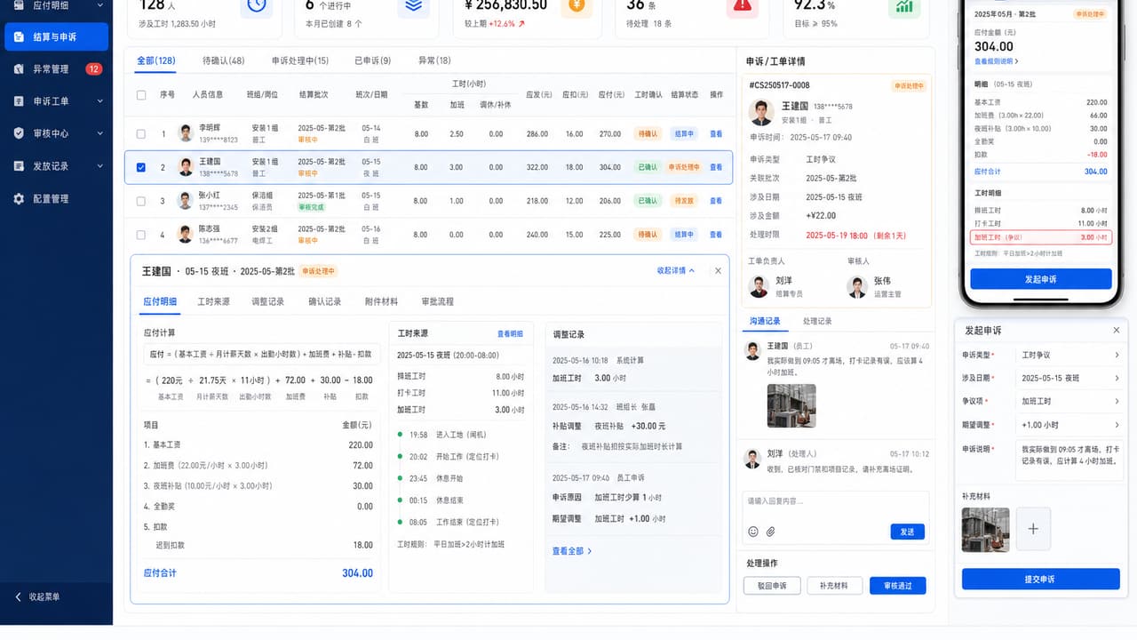 案例示意:结算与申诉后台的应付计算、工时来源、调整记录、处理时限和工人端申诉入口