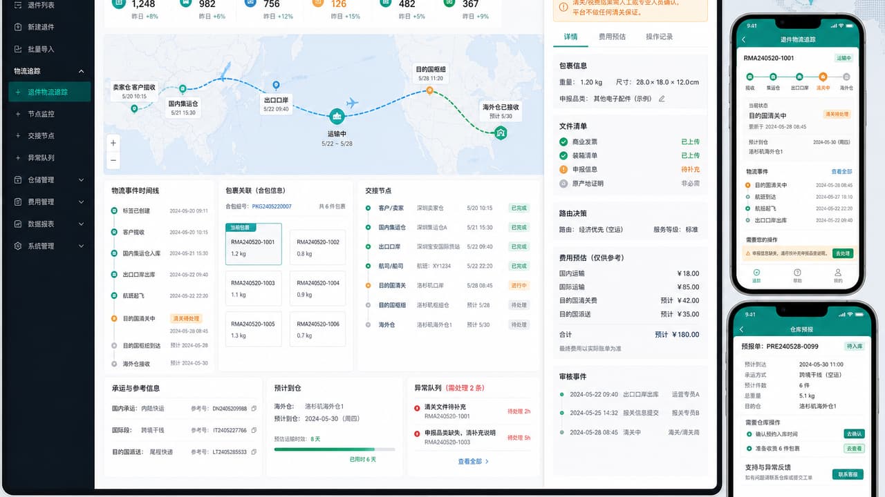 案例示意:跨境退件物流追踪的运输路线、集货关系、交接节点、清关异常和到仓预报