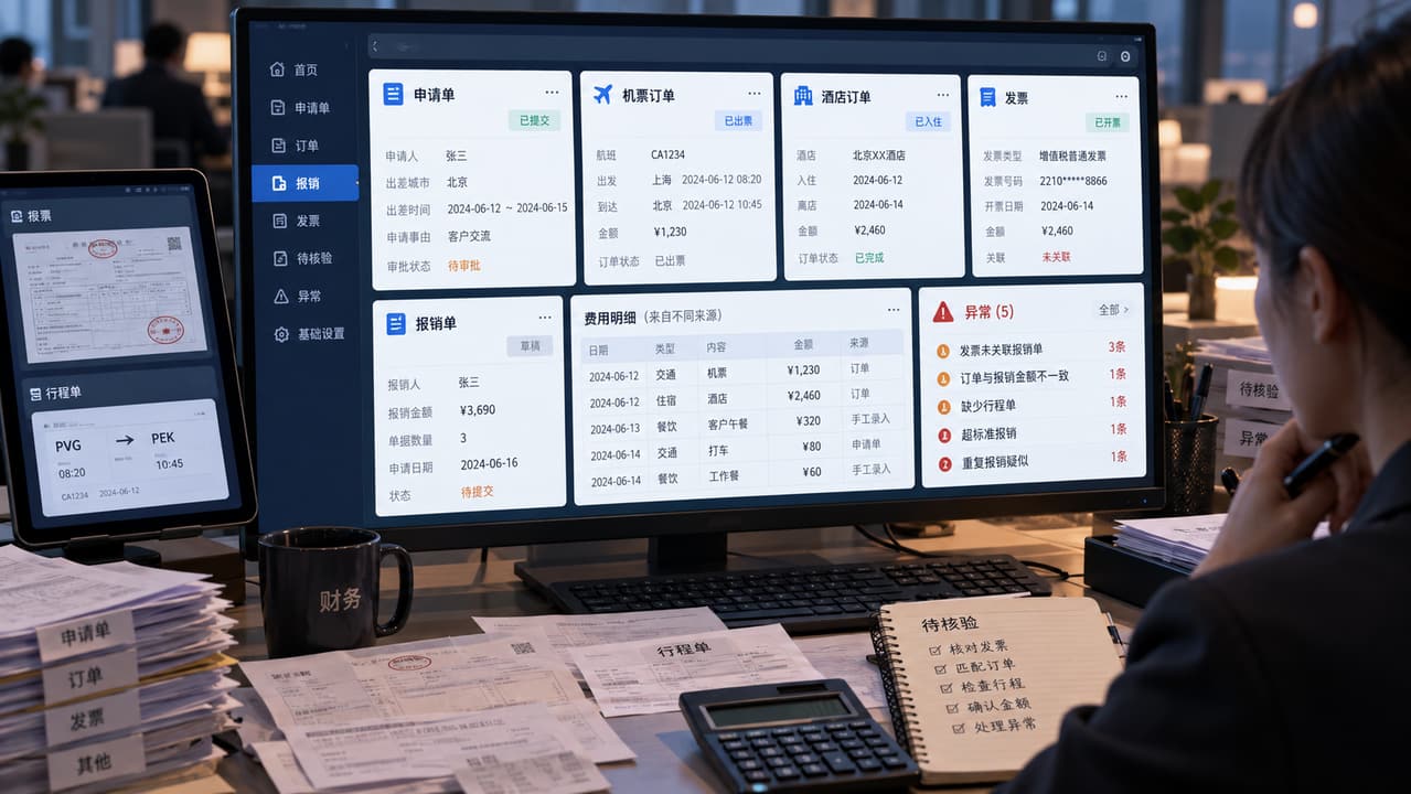 案例示意：差旅费用分散在申请、订单、发票和报销表中的旧流程与异常提醒