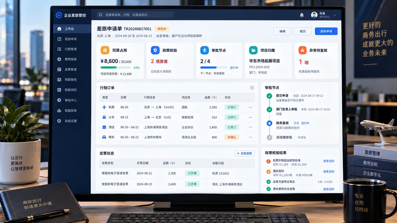 案例示意：差旅管理后台的预算占用、审批节点、项目归属和政策校验工作台