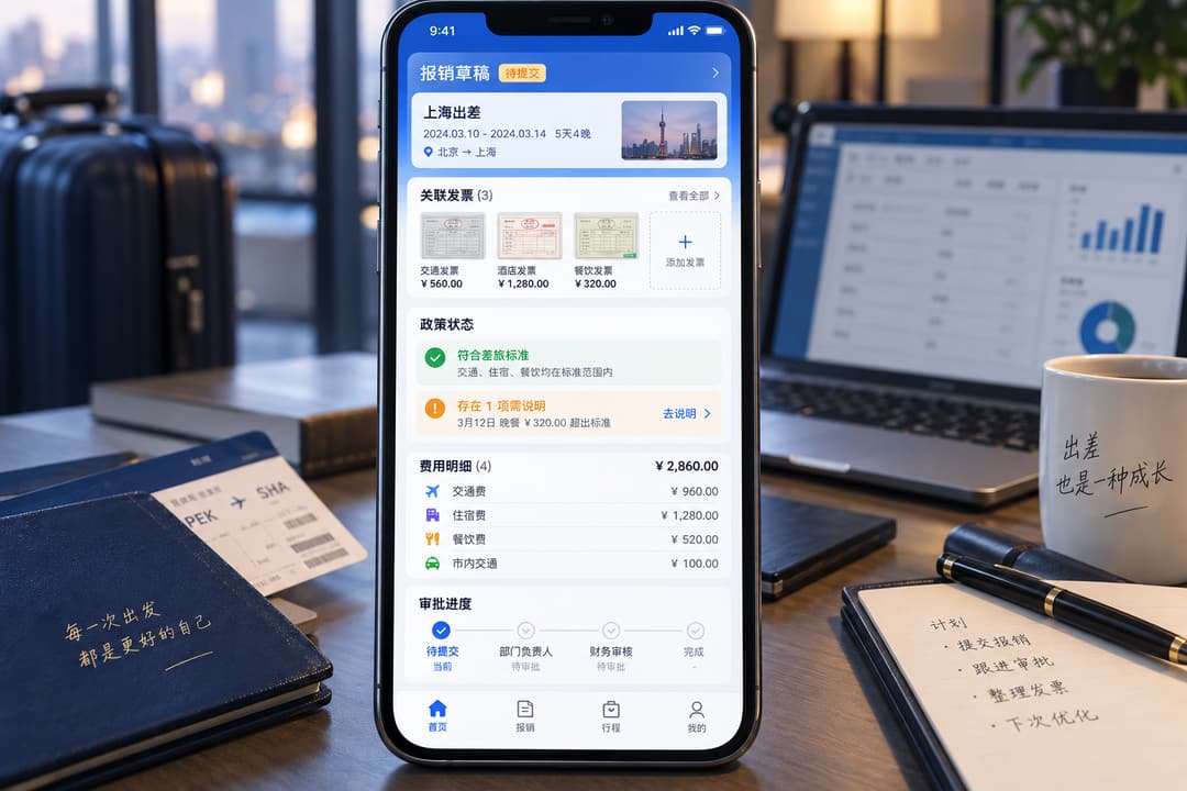 案例示意：员工 App 的报销草稿、发票关联、政策状态、异常说明和审批进度