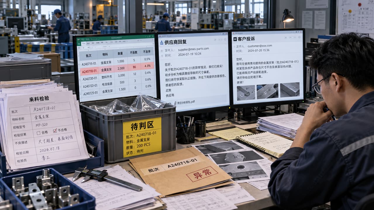 案例示意：工厂检验表、仓库待判区、供应商邮件和客户投诉彼此断开的旧质量流程