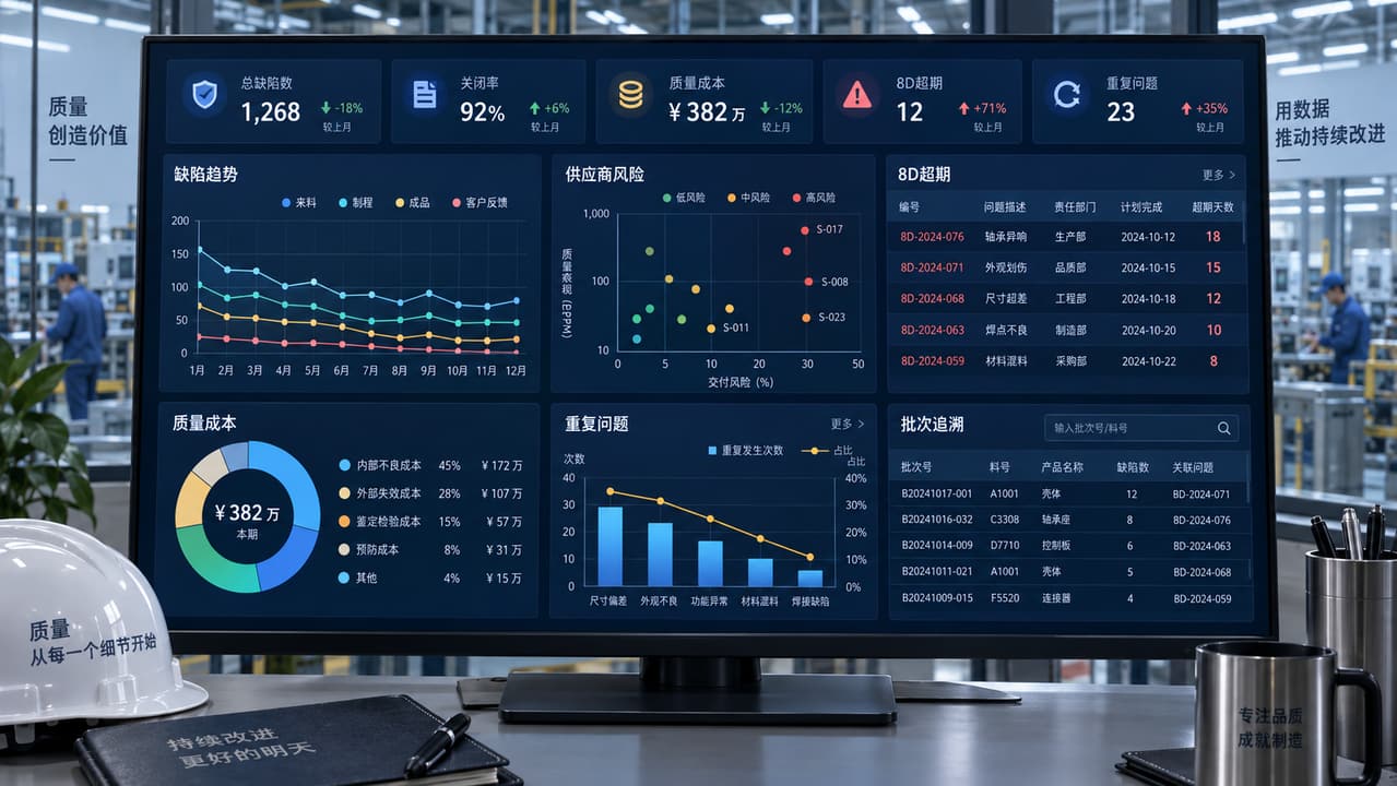 案例示意：质量经营驾驶舱的缺陷趋势、供应商风险、8D 超期、质量成本和重复问题分析