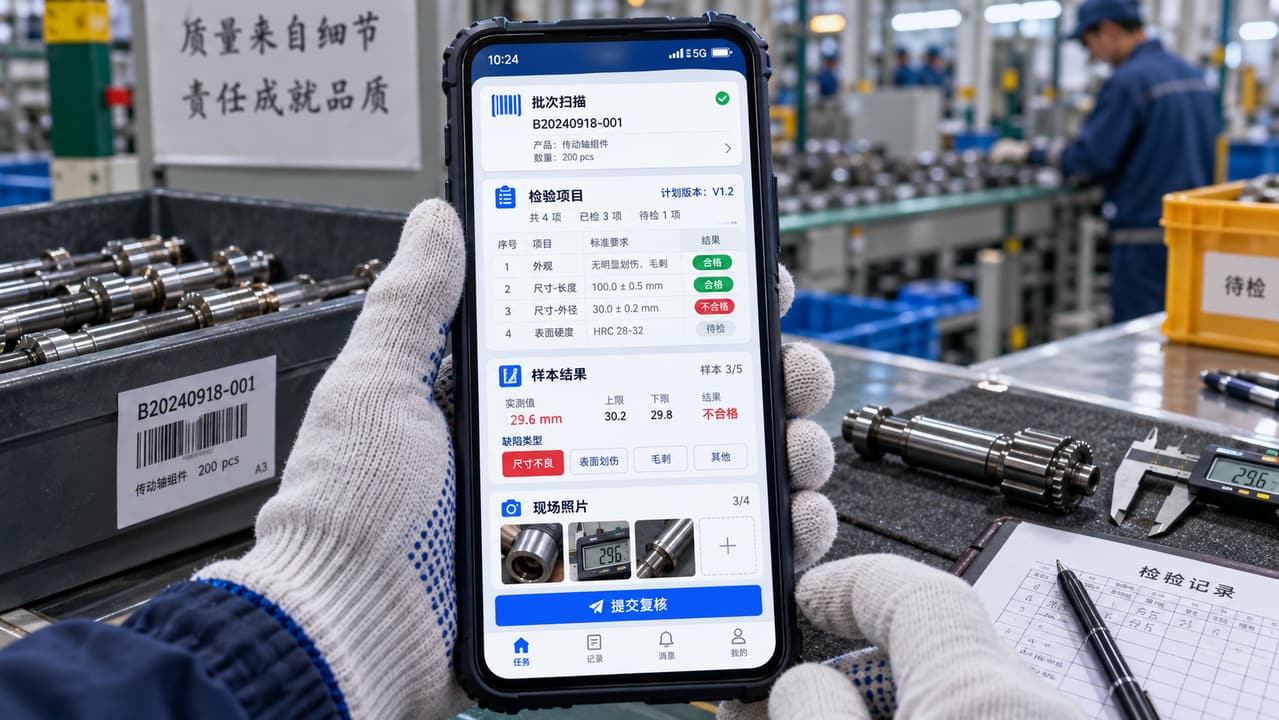 案例示意：检验员 App 的批次扫描、检验项目、样本结果、现场照片和提交复核页面