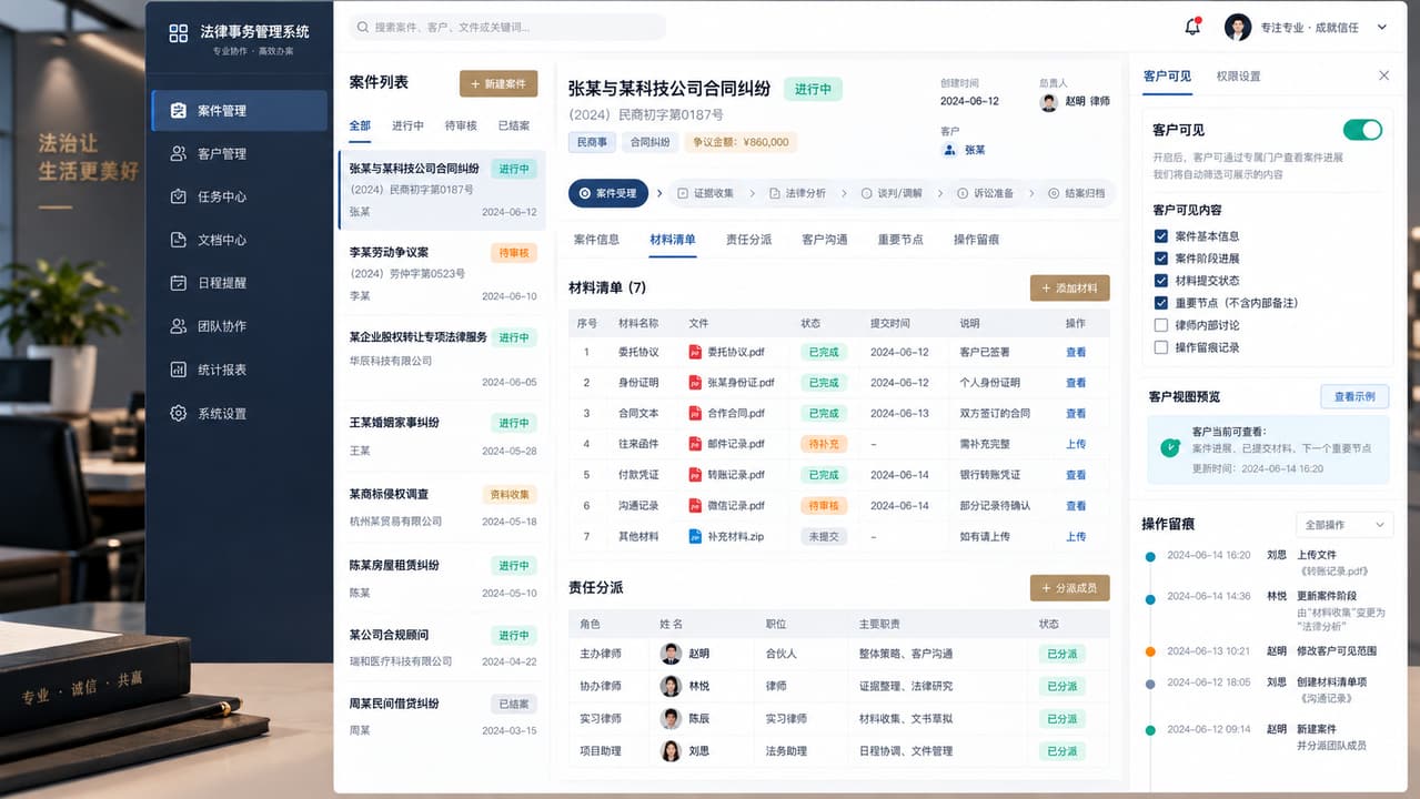 案例示意：案件协同后台的案件受理、材料清单、责任分派和客户可见状态配置
