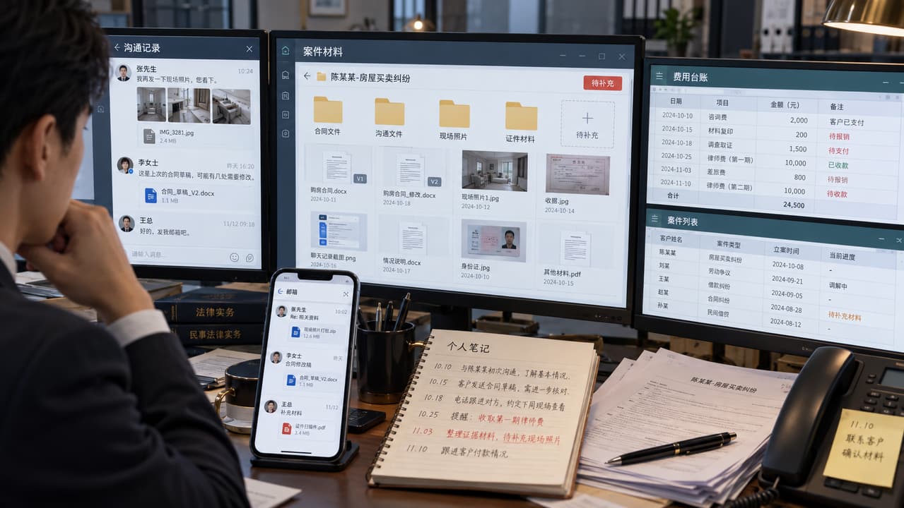 案例示意：法律案件材料散落在聊天、邮箱、个人笔记和费用表中的旧协同状态
