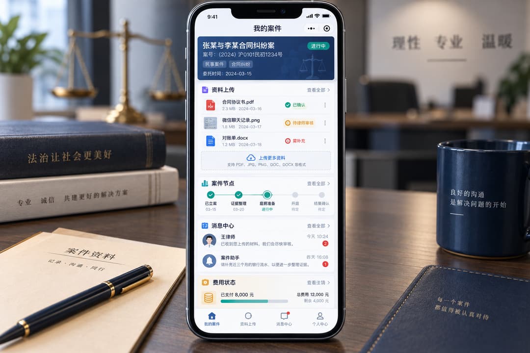 案例示意：当事人小程序的资料上传、补充任务、审核状态、案件节点和消息中心
