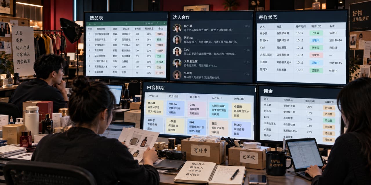 案例示意：直播电商团队用表格、聊天和多个平台后台分散管理商品与达人合作的旧流程
